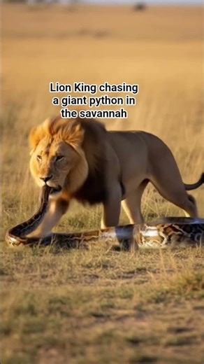 lion chasing a giant python in the savannah