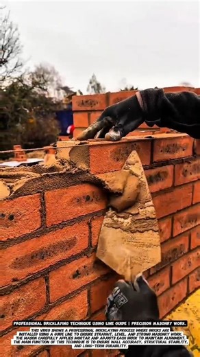 Professional Bricklaying Technique Using Line Guide | Precision Masonry Work.