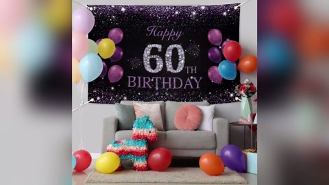JOYKY Happy 60th Birthday Banner, Purple Happy 60th Birthday Party Decorations for Women Her, 60 Year Old Birthday Supplies Backdrop Décor, 5.9 X 3.8 Fts