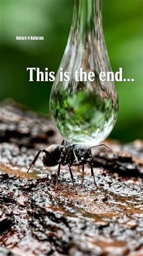 raindrop falling in slow motion toward single ant, drop is 50x bigger than ant