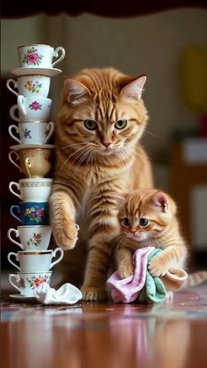 The Teacup Tower Disaster! Mama Cat Cleans, Baby Cat Makes It Worse