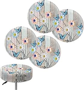 Daisy Wood Grain Butterfly 4 PCS Anti-Slip Round Bar Stool Seat Slipcovers Elastic Easy to Install Stool Covers Round Smooth Bar Chair Covers for 14"-16"