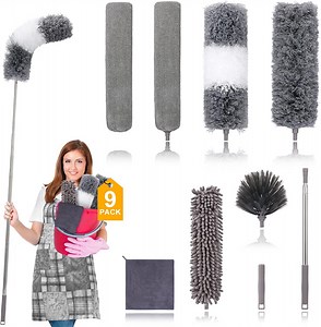 Happylost Dusters for Cleaning, 9PCS Extendable Feather Duster with Extension Pole 30 to 100 inches, Microfiber Reusable Washable Long Dusters for High Ceiling Fans, Furniture, Cobweb, Gray