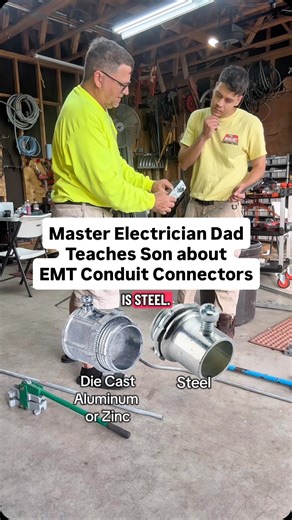 Chris Henderson on Instagram: "Master Electrician Dad Teaches His Son A Tip about EMT Conduit Connectors, and How to Save Money in the Electrical Trade🤯💪 Thoughts? #electrician #bluecollar #union #contractor #electricalcontractor #hendythesparky #trending"