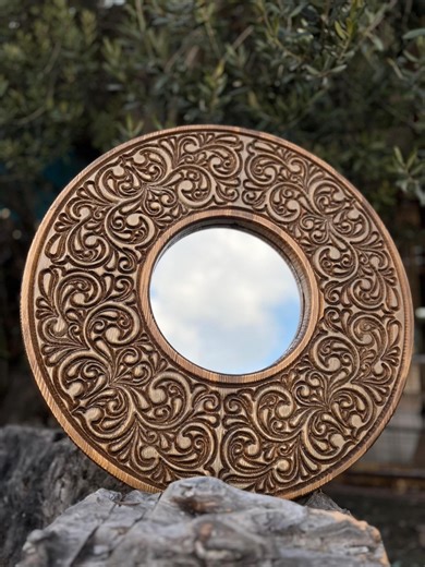 Hand Carved Wooden Mirror – Round 60 Cm Brown Decorative Wall Mirror, Handmade Wood Frame, Rustic & Boho Home Decor - Etsy