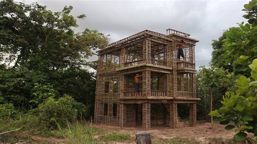 Building the most creative 3-story mud villa house design in the forest using primal techniques