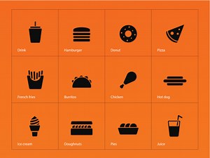 Fast food icons on orange background. Vector illustration.