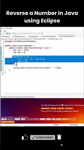 Reverse Number in Java using Eclipse | Beginner Java Program