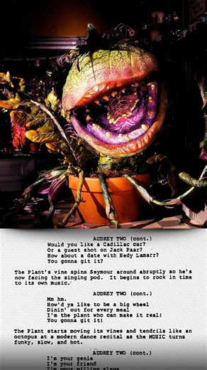 Script in Motion | For the Love of Motion Pictures on Instagram: "The screenplay of Little Shop of Horrors (1986) is full of curious decisions that completely changed the film’s tone compared to the original version. The biggest one was the ending: Frank Oz shot a finale faithful to the Broadway musical, in which the plant wins and destroys everything, but after disastrous test screenings the studio demanded a happy ending, forcing the entire conclusion to be rewritten and reshot. Even so, the s