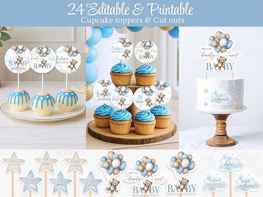 Teddy Bear Baby Shower Cupcake Toppers: Editable Party Decorations (digital Download) - Etsy