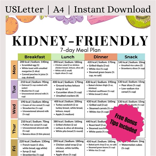 7-day Kidney-friendly Meal Plan PDF | Low Sodium CKD Diet Planner | Renal Diet Meals | Kidney Friendly Food List | Kidney Health Guide - Etsy