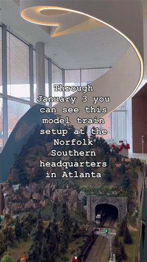 Joelle on Instagram: "This cool model train is going away on January 3, so if you want to see it you need to go this week. At the @norfolksouthern headquarters on Peachtree in Atlanta they have a pretty cool set up in the lobby. Someone messaged me and told me about it last night and my mom and I stopped by today. Since the kids are off school this could be fun. You can turn your kids into railfans! #railfanning"