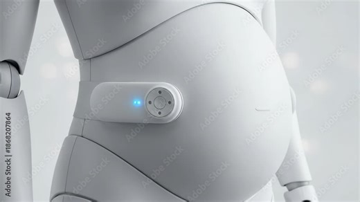 Robot woman with light on belly simulating pregnancy evolution, showing maternity and medical technology combining for reproductive science