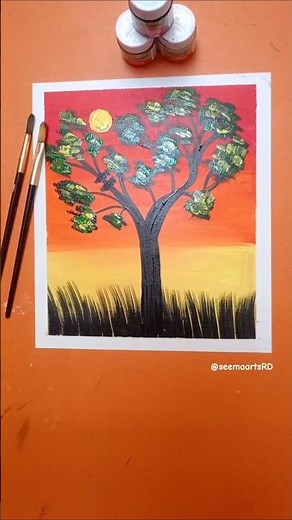🌅 Easy Tree Painting | Easy Tree & Grass Acrylic Arts #acrylicscenery #artwork