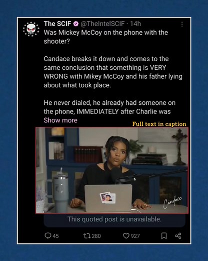 "Was Mickey McCoy on the phone with the shooter? Candace breaks it down and comes to the same conclusion that something is VERY WRONG with Mikey McCoy and his father lying about what took place. He never dialed, he already had someone on the phone, IMMEDIATELY after Charlie was shot, .834 milliseconds after Charlie was shot he lifted the phone to his ear, in my honest opinion, Mikey McCoy CONFIRMED the ASSASSINATION of Charlie Kirk. He confirmed the kill shot either directly to the shooter or so