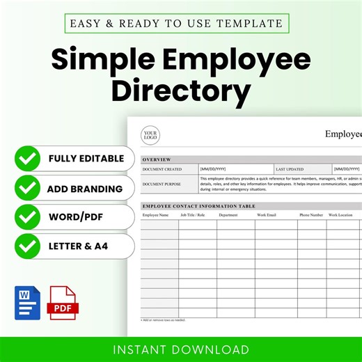 Simple Employee Directory Template – Word & PDF, A4 + US Letter - Etsy