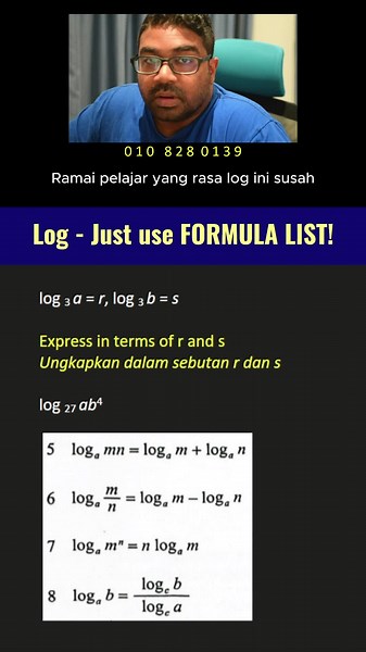 Add Maths Form 4 - Logarithms The formula list is all you need to solve 90% of it! #spmonlinetuition #onlinetuitionmalaysia #spm2026 #spmaddmaths