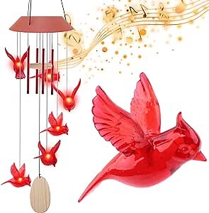 Solar Wind Chimes for Outside Cardinal Bird,with Wooden Sign Aluminum Tube, Sensitivity Mode Automatic Solar Charging IP65 Waterproof,Best Gift for U Loved for Women Kids