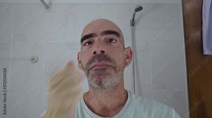 An adult bald man in his home bathroom, showing joy and satisfaction after completing his beard shaving routine. He smiles in the mirror, pleased with his smooth, clean shave.