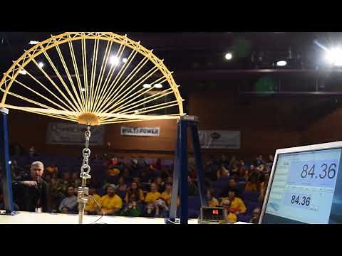 First place winners' bridge being tested and breaking - 2018 Spaghetti Bridge Contest