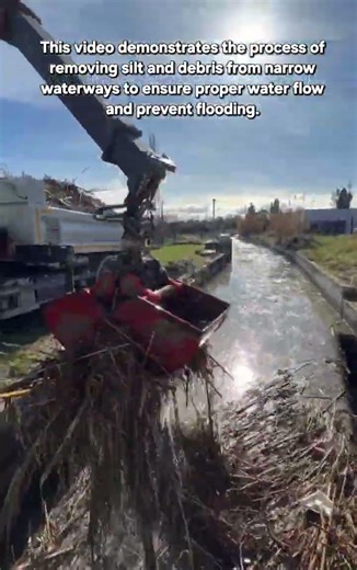 Efficient Canal Maintenance: Excavator with Clamshell Bucket in Action