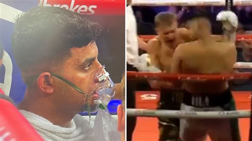 Boxer left needing oxygen in ring as he is KO'd in first round by huge underdog