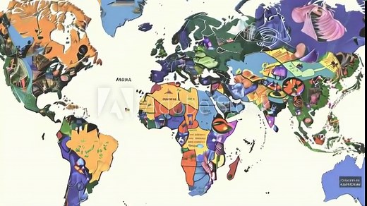 A colorful world map highlighting cultural elements and symbols from various regions.