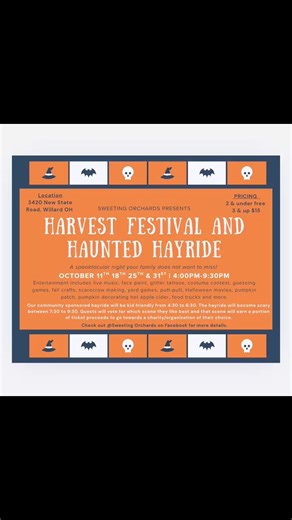Sweeting Orchards are so excited to host the first annual Harvest Festival and Haunted Hayride for two more weekends! We would love to have you join us at 4:00pm to kick off the fun. We will have live music, face paint, pumpkin decorating, caricature drawings, food trucks, pumpkin patch, corn hole, bingo, pumpkin yard games, scarecrow making, putt putt golf, costume contests, Halloween movies, and more! It is $15 a person for ages 3 and up. Don’t worry the fun will last all night long so if you 