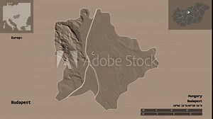 Budapest, capital city of Hungary, with its capital, localized, outlined and zoomed with informative overlays on a administrative map in the Stereographic projection. Animation 3D