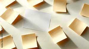 blank sticky notes spread around a central blank sheet, set against a neutral background, symbolizing the process of brainstorming and planning, with a focus on organization and idea development