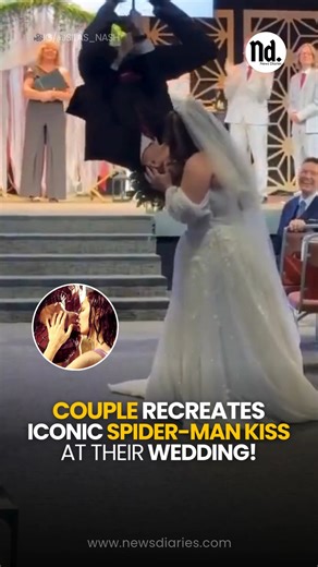 A couple recreated the iconic upside-down kiss from Spider-Man (2002) at their wedding! The rain, the pose, the moment — it instantly evoked one of cinema’s most unforgettable romantic scenes. What made it special wasn’t just the reference, but the raw emotion: love triumphing over masks, gravity, and time. Decades later, the Spider-Man kiss still symbolizes passion, vulnerability, and magic — and this wedding proved some moments never lose their power. | News Diaries