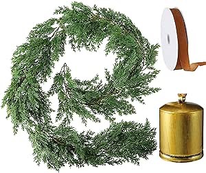 Oudain 6.56 FT Christmas Cedar Garland Artificial with 4 Metal Vintage Cow Bells on Rope and Velvet Ribbon Realistic Greenery Cypress Garland for Xmas Holiday Indoor Mantle Fireplace Decor