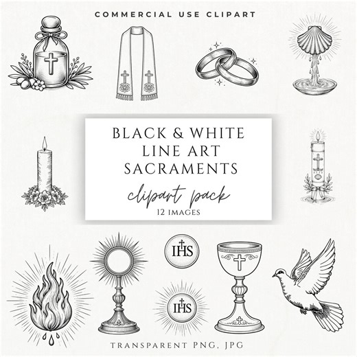 Catholic Sacraments Clipart Bundle PNG | Black and White Religious Line Art | Eucharist Baptism Confirmation Wedding Symbols - Etsy Australia