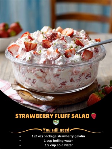 Strawberry 🌷 Fluff Salad 🍓🥗 Indulge in the refreshing sweetness of this delightful Strawberry Fluff Salad. Made with fresh strawberries, crushed pineapple, mini marshmallows, and a creamy strawberry-vanilla mixture, this salad is a perfect addition to any gathering or as a sweet treat on a warm day. Ingredients: - 3 ounces strawberry Jell-O Mix (1 box) - 1 cup hot water ..... Full Recipe in Coʍmеոτ 💬 🎍 | Tasty Recipes