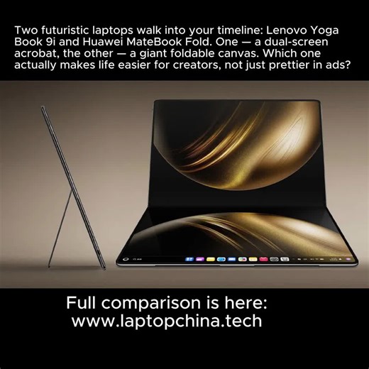 Laptopchina.tech on Instagram: "Two futuristic laptops walk into your timeline: Lenovo Yoga Book 9i and Huawei MateBook Fold. One — a dual-screen acrobat, the other — a giant foldable canvas. Which one actually makes life easier for creators, not just prettier in ads? 👀 On LaptopChina.tech I’ve put them head to head in a detailed comparison: real workflow, not маркетинг-легенды. How dual screens help with timelines, references and streaming setup, and when a huge foldable 18" panel is actually 