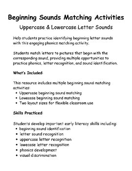 Beginning Sounds Matching Activities | Upper & Lowercase Letter Sounds