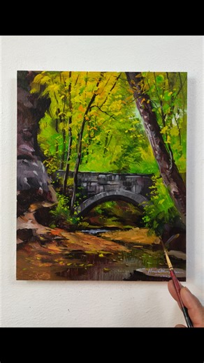 Beautiful "Bridge in Autumn" landscape painting 🌉🍁🍂🌳🌿💧/Acrylic on paper 🖌️ #easy #beautiful #landscape #painting #acrylicpainting #acrylic #art #paper #autumn #bridge #forest #pond #rocks #cloudy #peaceful #chill | Hamlet Shougrakpam Art