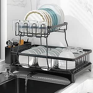 KOCASO Dish Drying Rack, 2-Tiers Dish Rack Over Sink, Dish Racks for Kitchen Counter, Space-Saving Sink Dish Rack, Durable Dish RackW/Utensils Holder&Drain Board, Drying Rack for Dishes, Knives, Cups