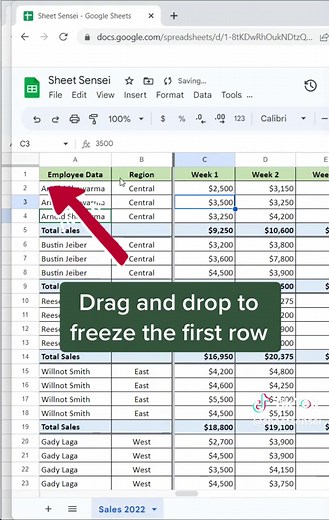 Freeze panes in Google Sheets in seconds #spreadsheet #googlesheets #googlesheettutorials #googlesheetstips #googlesheet #exceltok #spreadsheets