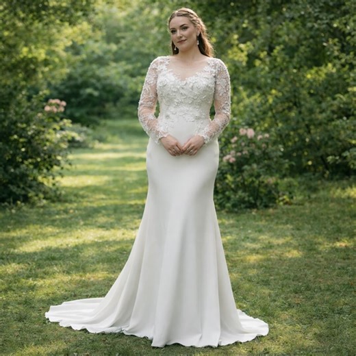 Plus Size Lace Mermaid Wedding Dress, Long Sleeve Boho Bridal Gown, Ivory Satin Elegant - Etsy