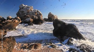 Aerial view of Azov sea coast near cape Kazantip, Crimea on overcast day.