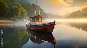 Abstract animation of a ship sailing near the sandy shore. Yacht, sail, sea, wind, travel, port city, trade, tourism, fishing, water, ocean. Generated by AI.