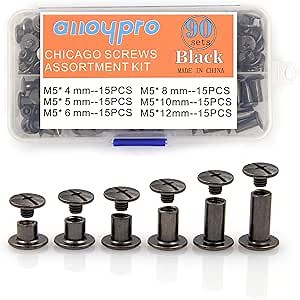 Alloypro 90 Sets Chicago Screws Assorted Kit 6 Sizes Gun Metal Leather Rivets 3/16(5mm) Screw Rivets Phillip Head Book Binding Posts Nail Rivet Chicago Bolts for DIY Leather Craft (5 x 4,5,6,8,10,12)