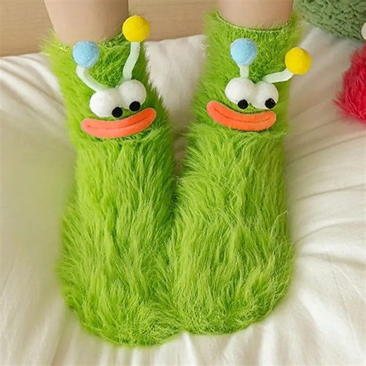 Unique and Funny Ugly Socks Fuzzy Monster Socks for Women, Soft Plush Alien Design Winter Warm Socks with 3D Eyes and Smile, Cozy Novelty Furry Slippers Socks for Home or Gift 2025