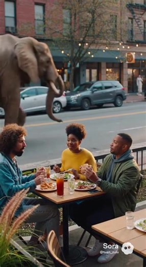AI: Elephant poop all over people at a restaurant eating. #animal. #funny. #AI. #woman. #food.