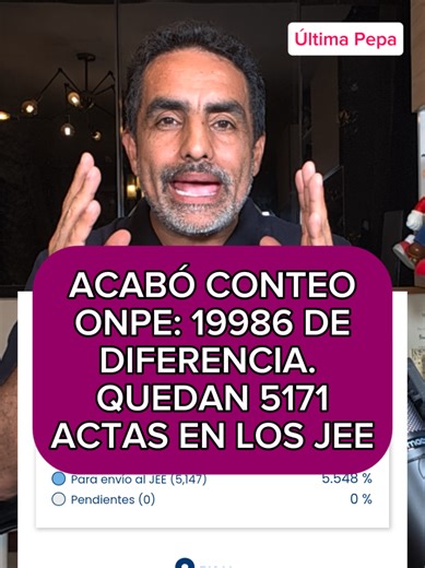 Última Pepa: ONPE termina el conteo de votos de las actas que están en su poder y la diferencia entre Roberto Sánchez y Rafael López aliaga es de 19986 votos. En los jurados electorales especiales. Hay 5171 actas que determinarán quien de los dos candidatos pasa segunda vuelta. #Elecciones #Perú