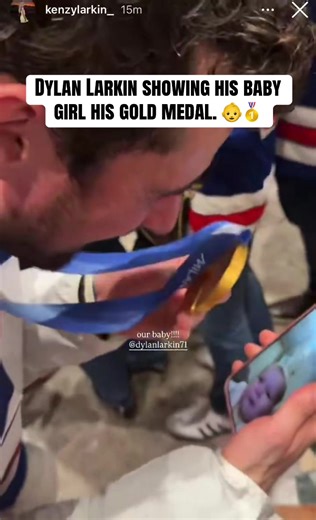 Dylan Larkin showing his baby girl his gold medal. 👶🥇 | dylan larkin