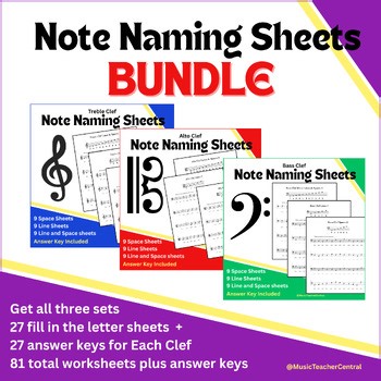 Note Identification Worksheets Bundle – Treble, Alto & Bass Clef