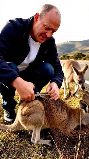 A Kind Man Helps Kangaroo Mom Save Her Baby 🦘🙏 #wildlife #kindness