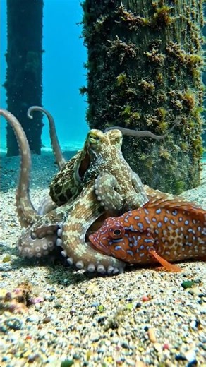 The octopus snatches a small red grouper. #fishing #marinelife #scubadiving #viral #ocean #shorts